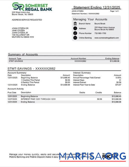 Blank USA Somerset Regal bank account statement word sample